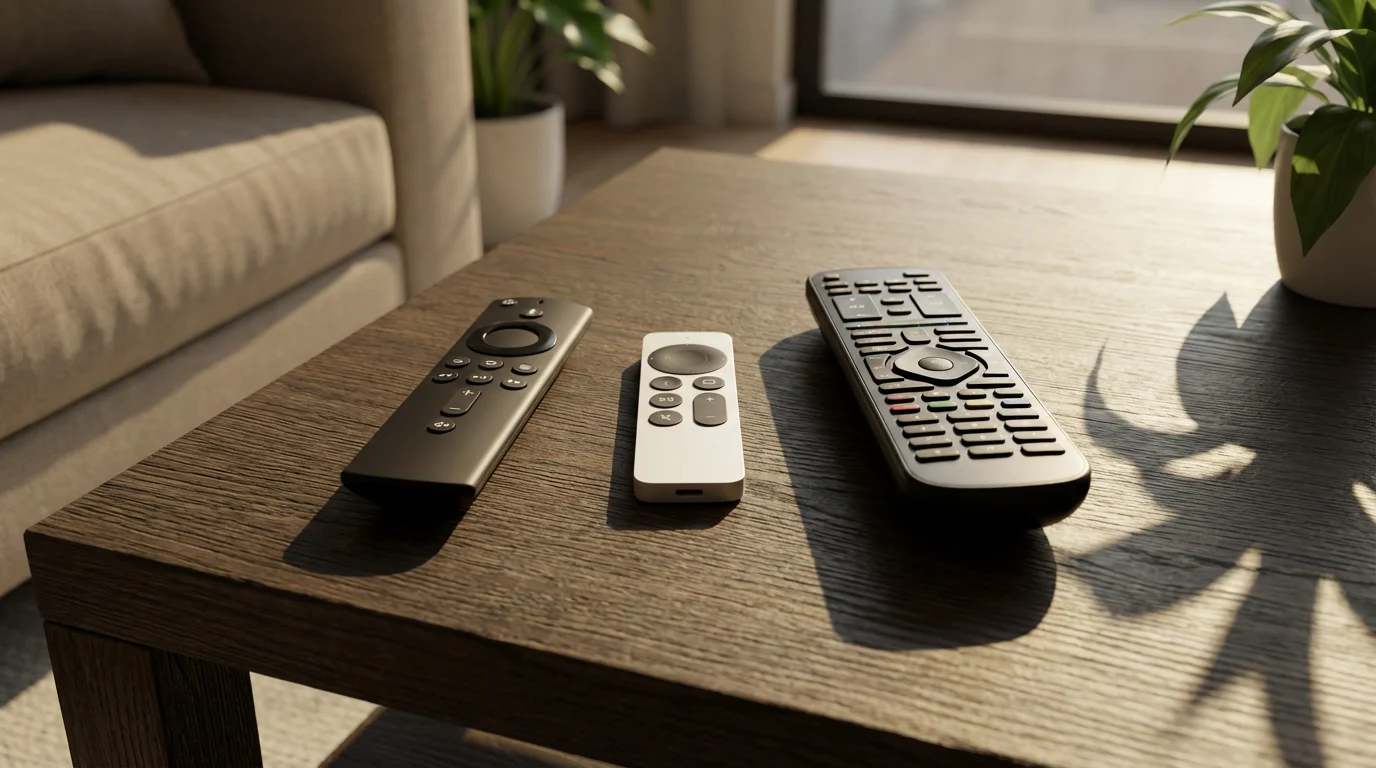 Three different replacement streaming remotes displayed on a wooden coffee table in a home.