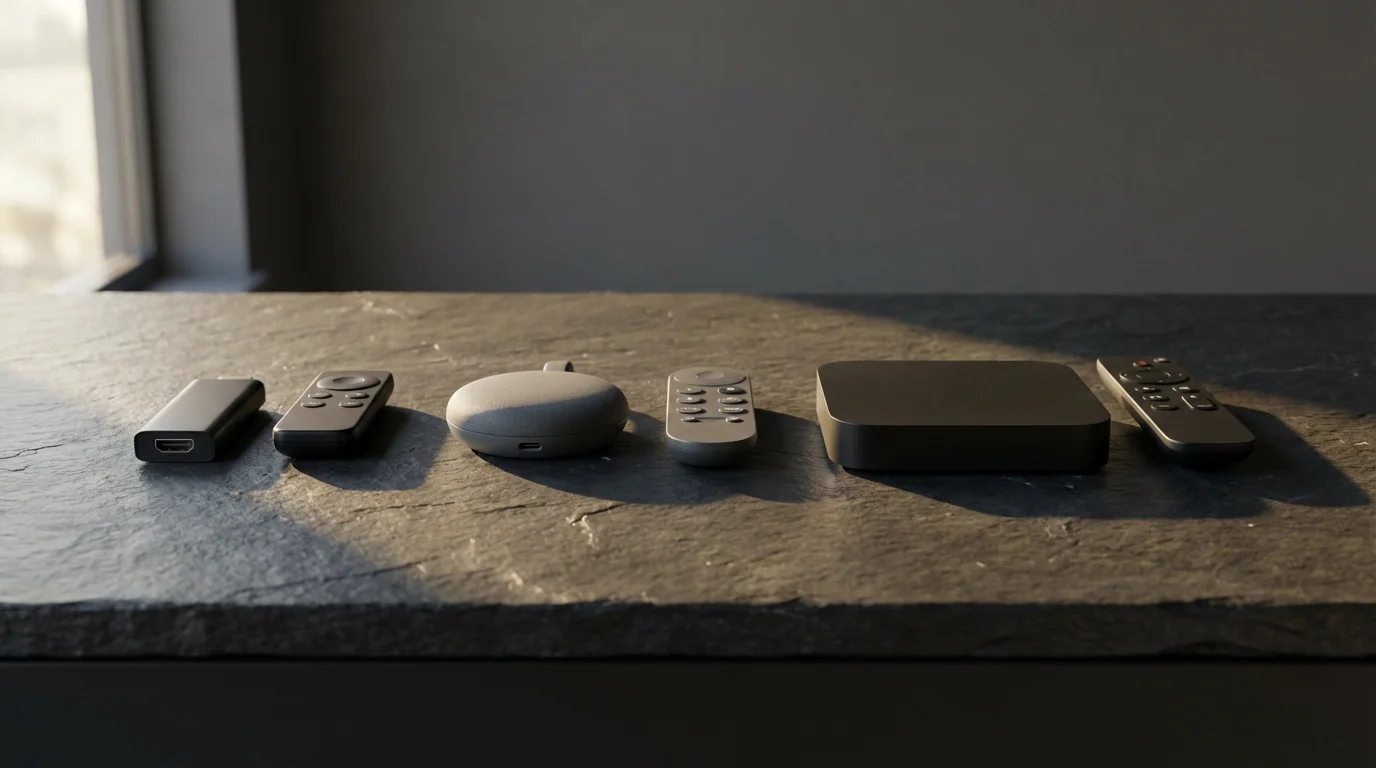 Three different streaming devices and remotes lined up on a table representing budget tiers.