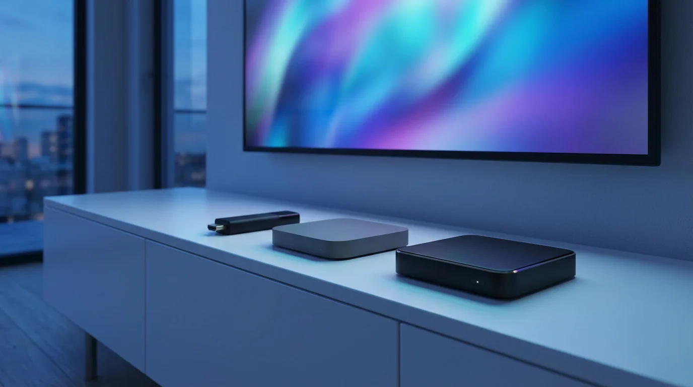 Three different types of streaming media devices on a modern media console at dusk.