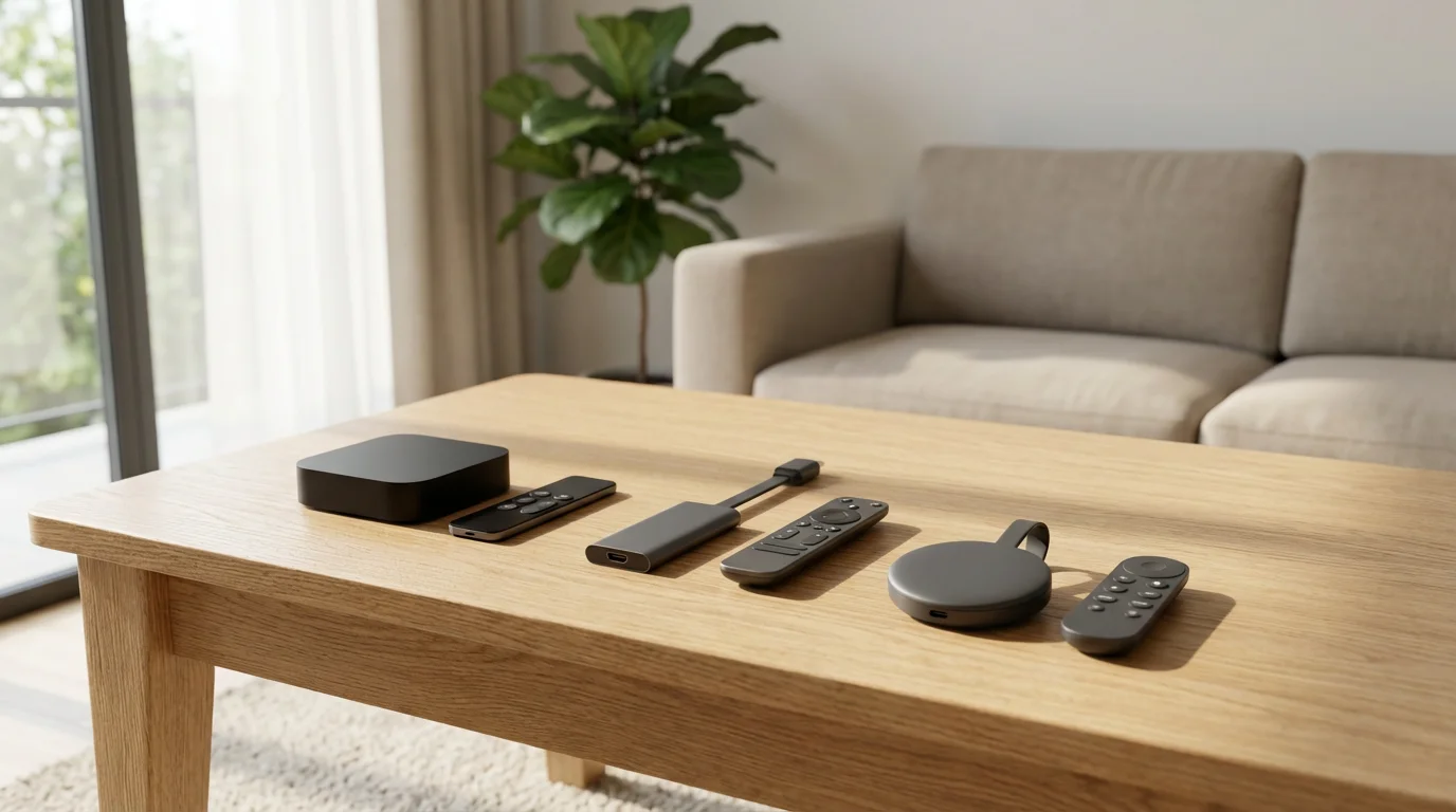 Three different unbranded streaming media devices and remotes displayed on a light wood coffee table.