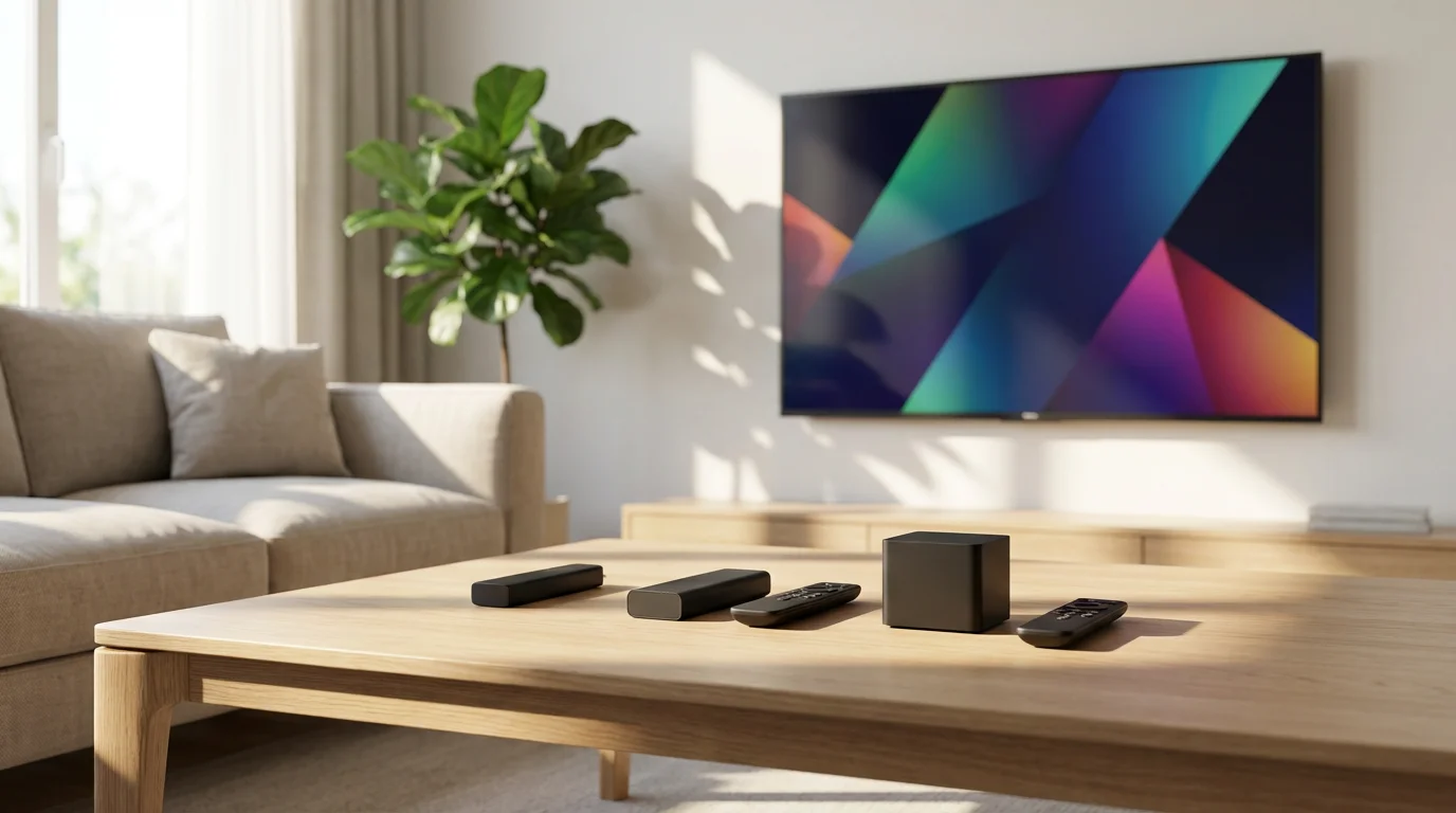 Three generic streaming devices—a stick, a 4K stick, and a cube—on a coffee table in a modern living room.