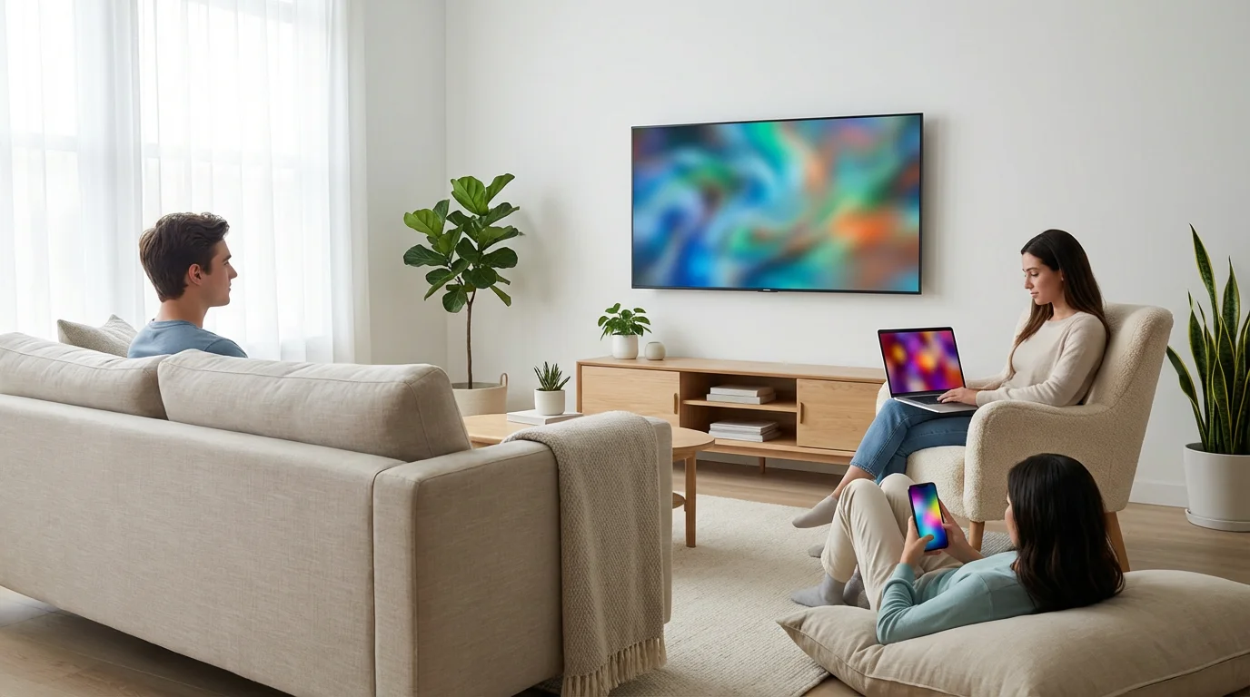 Three people in a living room watching content on a TV, laptop, and smartphone simultaneously.