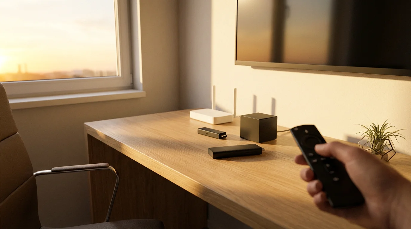Three streaming devices and a router on a desk with a remote at golden hour.