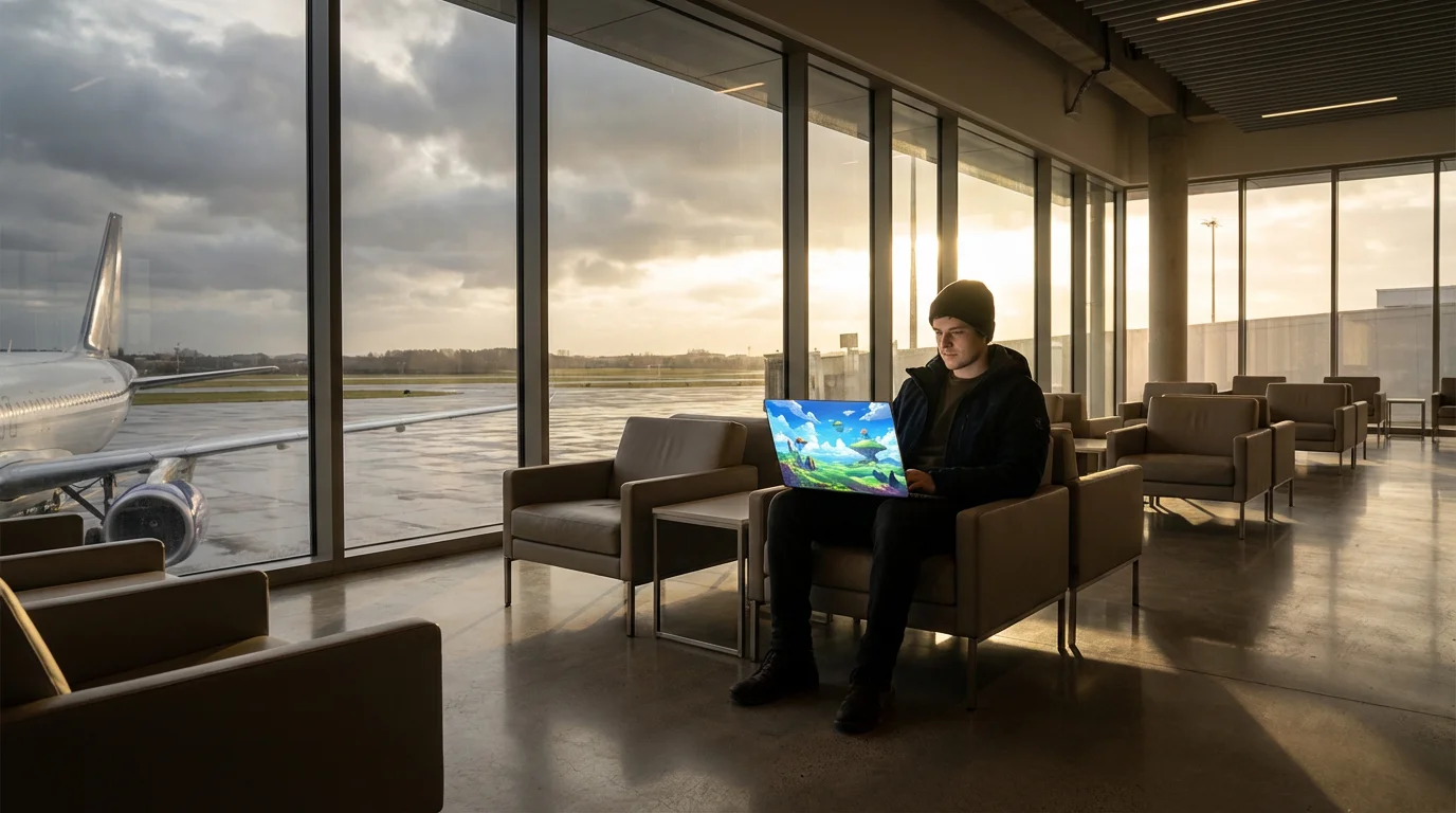 Traveler watching anime on a laptop in a modern airport lounge at sunset.