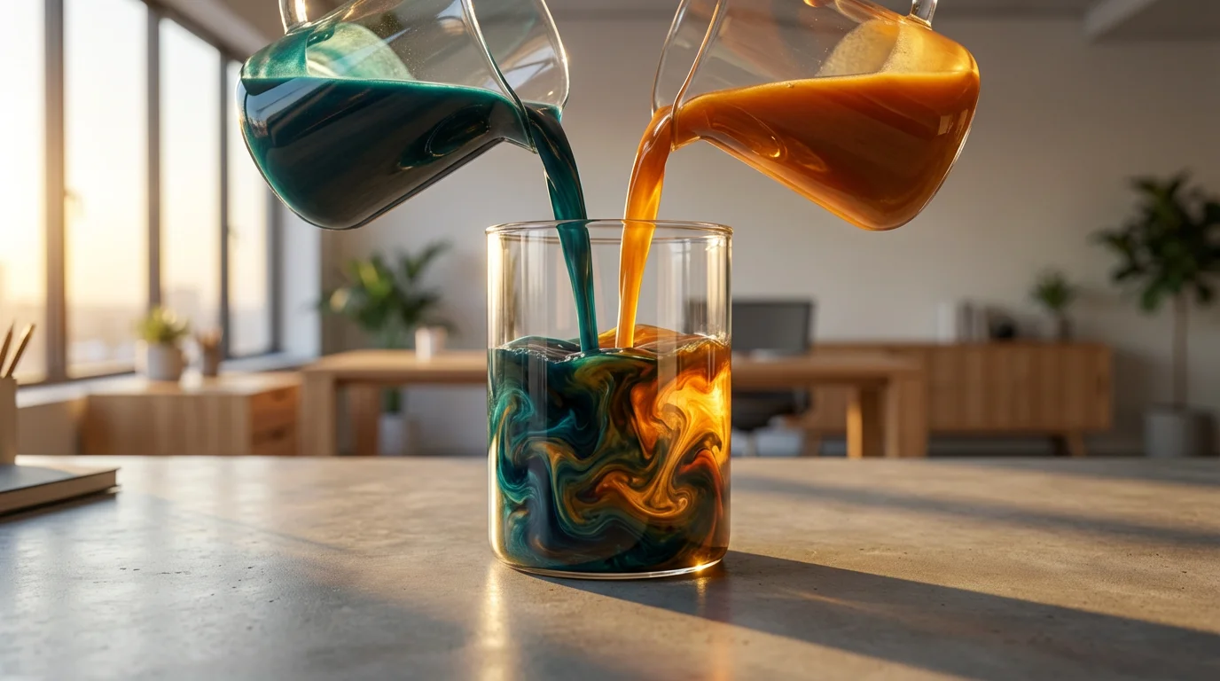Two different colored liquids swirl and merge together in a single glass container.