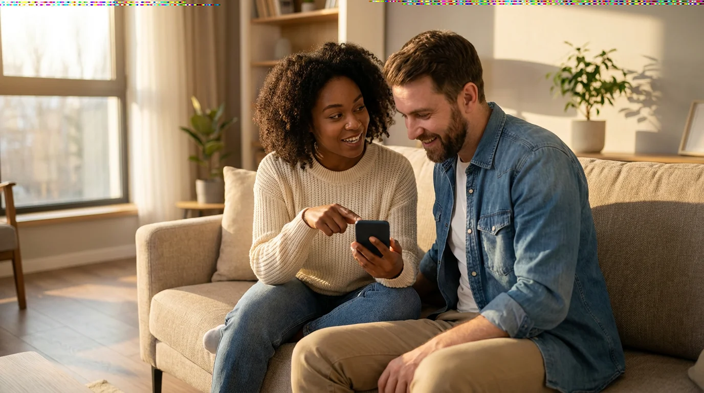 Two friends on a sofa excitedly sharing content on a smartphone during golden hour.