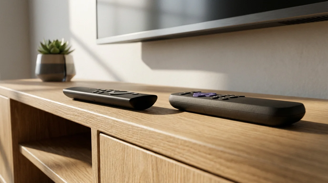 Two generic streaming remotes facing off on a wooden console in soft morning light.