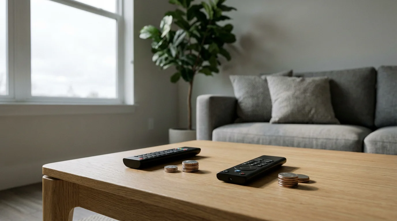 Two TV remotes with small stacks of coins on a coffee table in a modern living room.