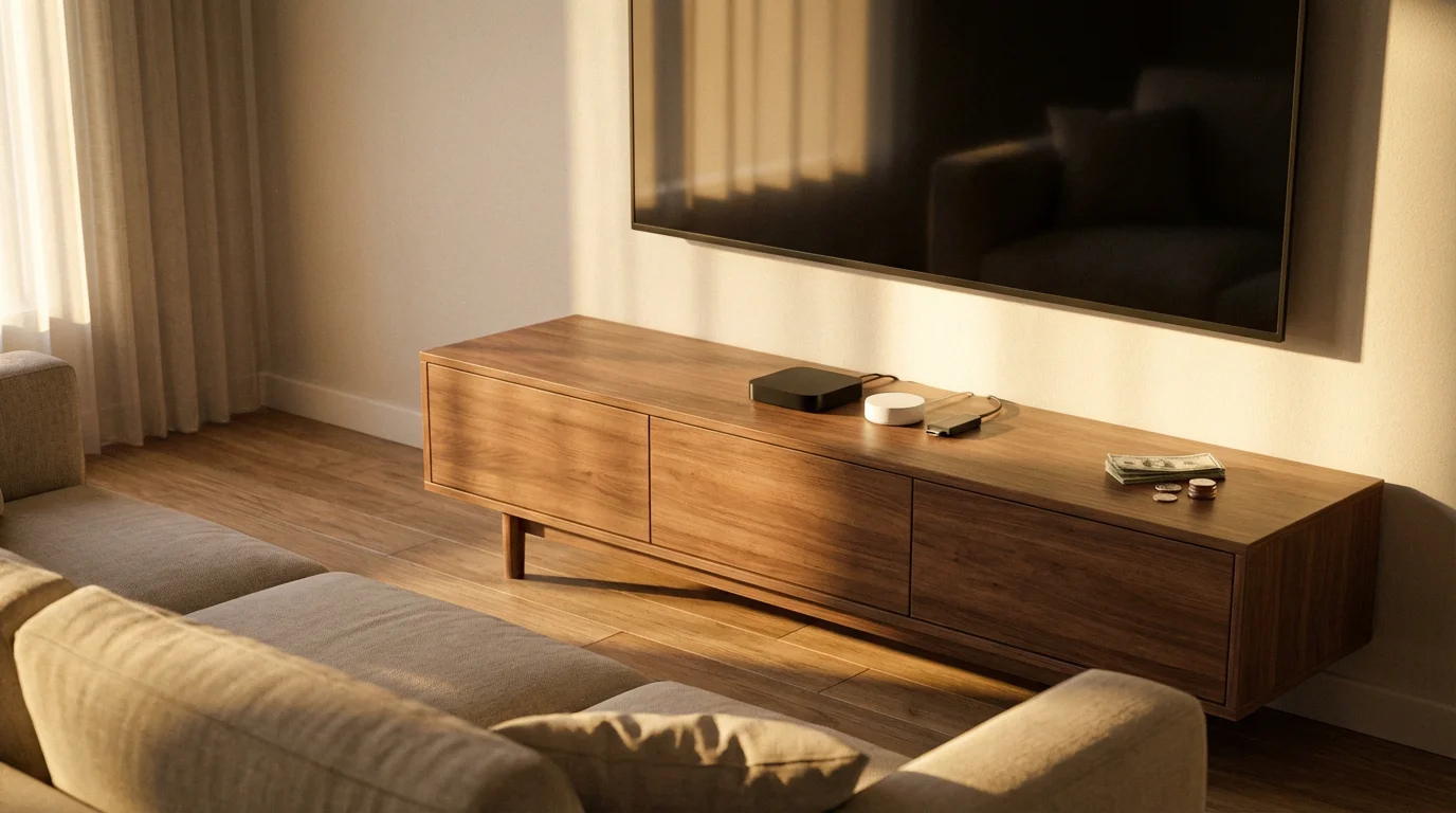Various streaming devices and cash sit on a media console in a sunlit room.