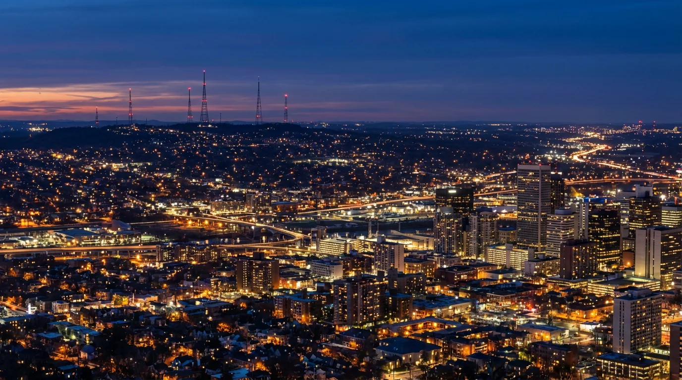 Wide shot of a city skyline at blue hour with distant broadcast towers.