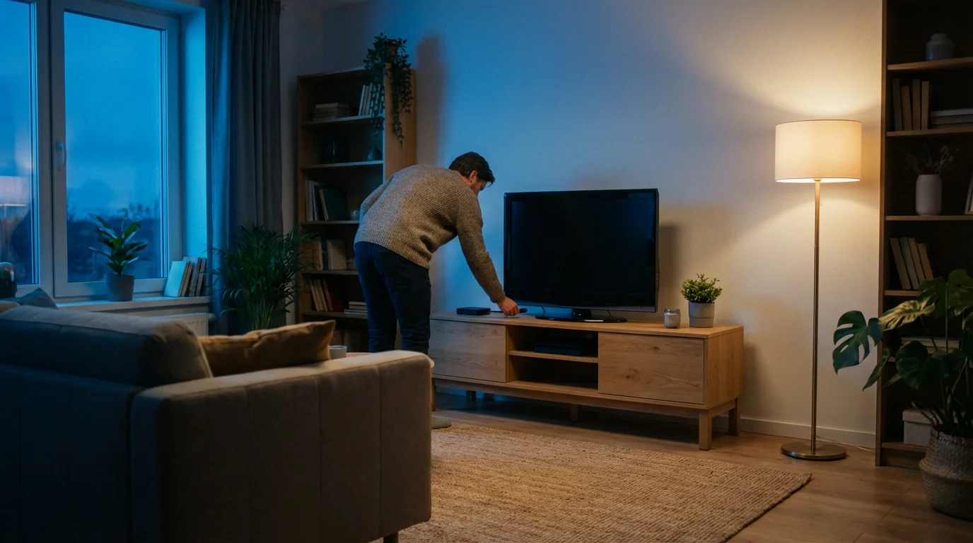 Wide shot of a person upgrading a television in a modern living room at dusk.