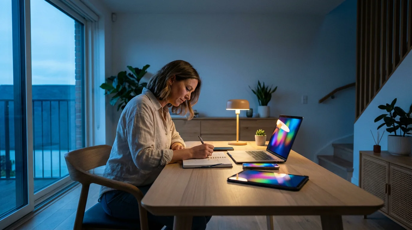 Woman at a desk in the evening, using a planner to track subscriptions on multiple screens.