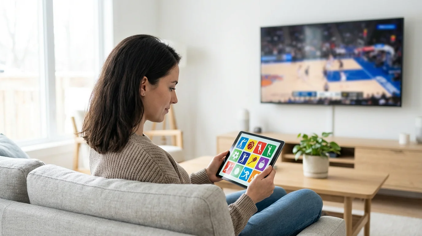 Woman in modern living room watches basketball on TV while browsing sports apps on a tablet.