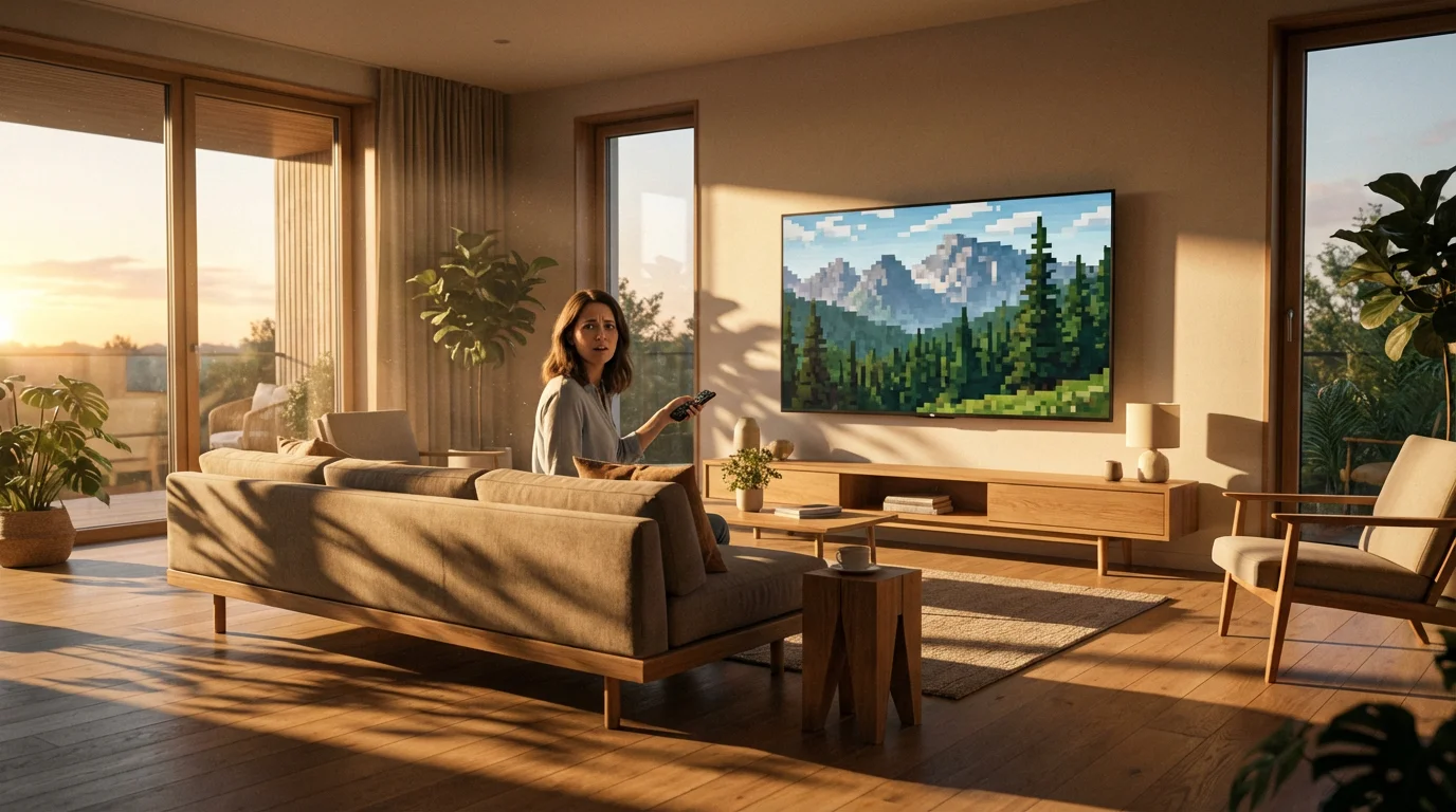 Woman looks at a blurry, pixelated TV screen in a modern sunlit living room.