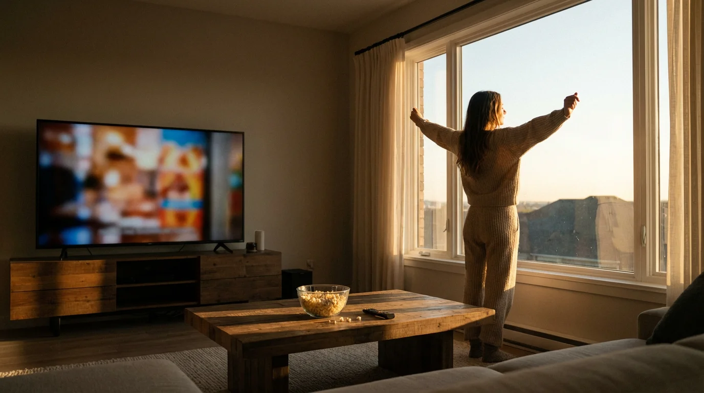 Woman stretching in living room during a TV commercial break at golden hour.