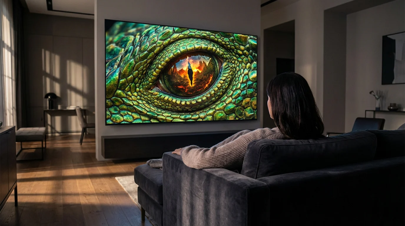 Woman watching a fantasy movie with a dragon in 4K HDR on a TV.