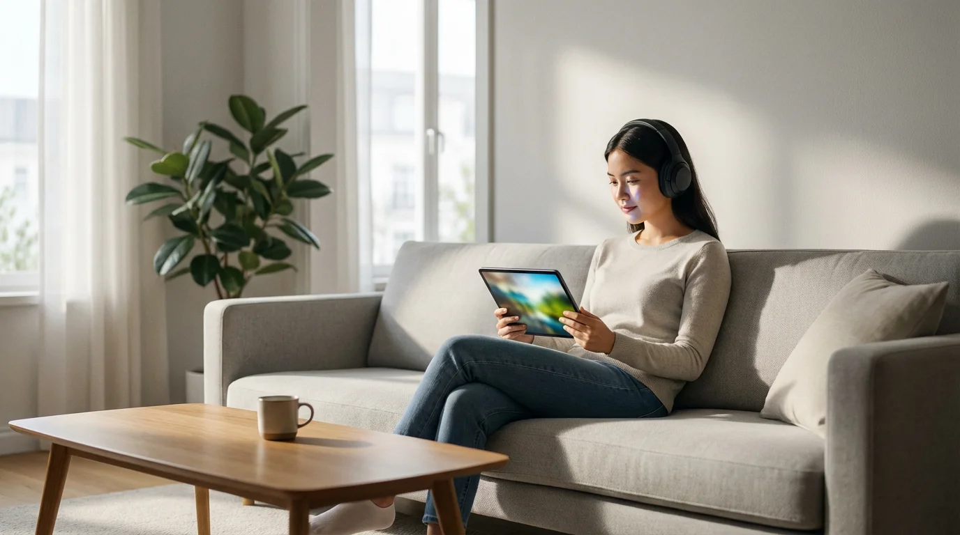 Woman wearing headphones watches a tablet on a sofa in a sunlit modern living room.