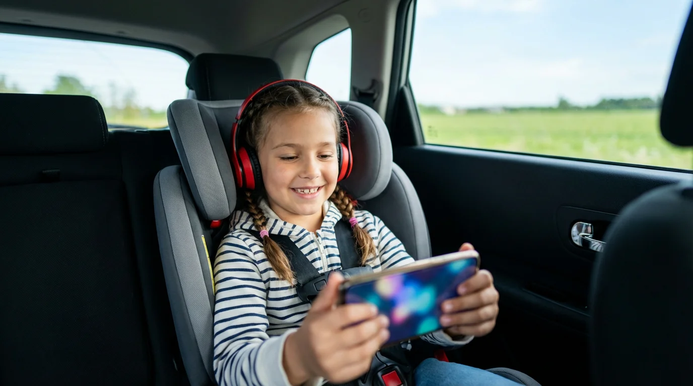 Young girl in a car seat watching downloaded shows on a smartphone with headphones.