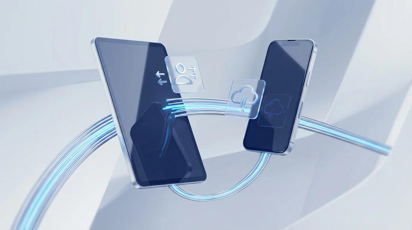 3D digital illustration of a smartphone and tablet connected by glowing lines, symbolizing seamless account integration.