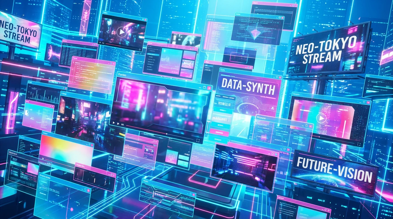 A 3D digital interface layered with floating translucent ad panels and video content.