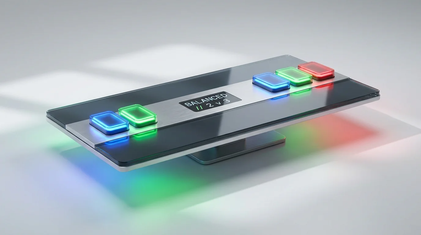 A 3D digital scale balancing two glowing blocks against three glowing blocks.