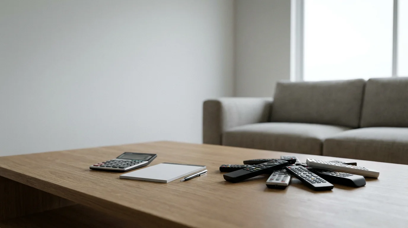 A calculator and several remote controls on a coffee table, representing streaming service costs.