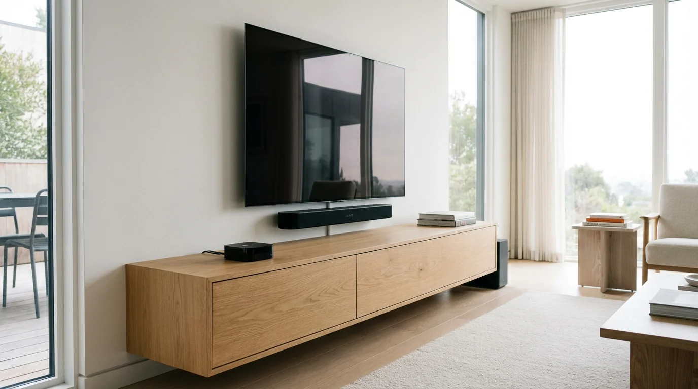 A clean and organized home entertainment setup with a streaming device and a large TV.