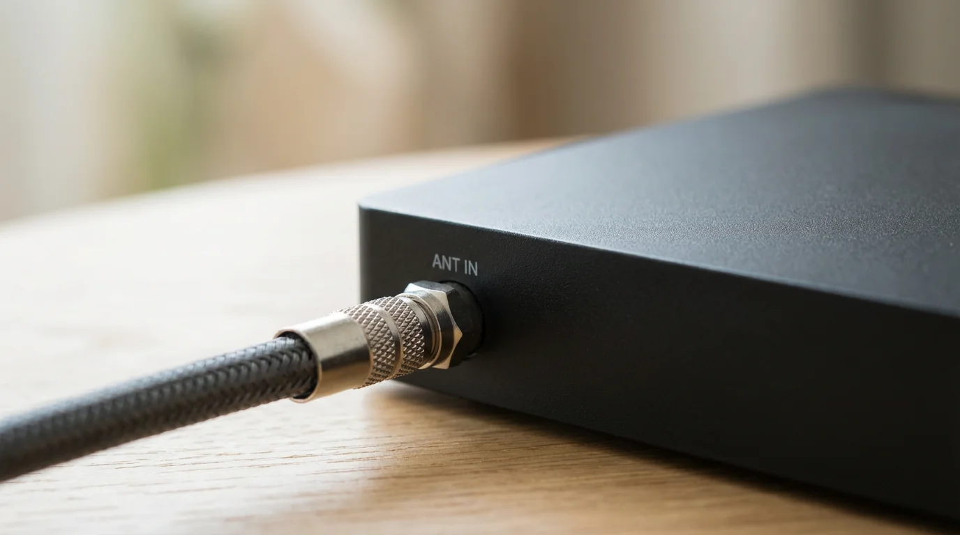 A close-up macro photo of a coaxial cable connecting to a modern DVR box.