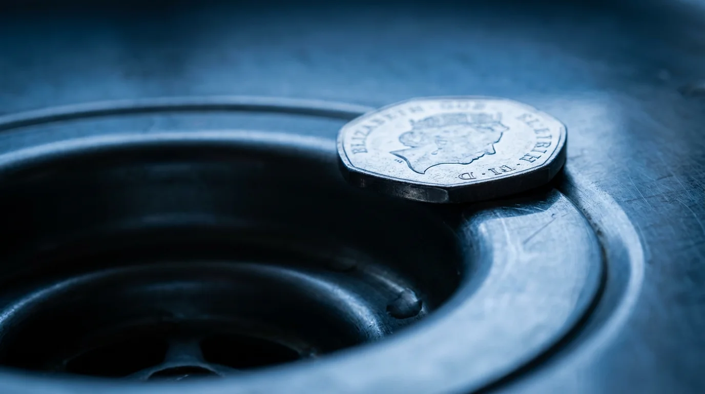 A close-up macro photo of a coin about to fall into a sink drain.