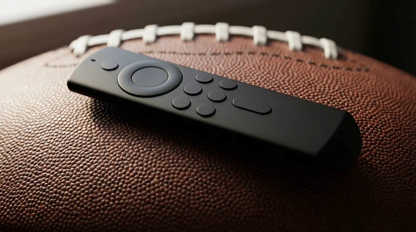 A close-up macro photo of a streaming remote on an American football.