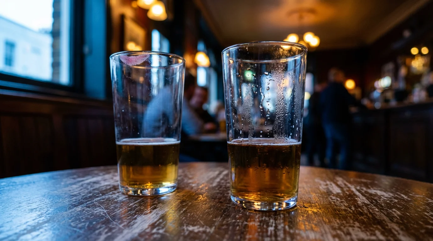 A close-up macro photo of two pint glasses on a wooden pub table.