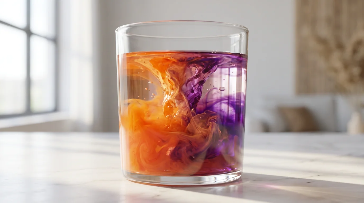 A close-up macro photo of vibrant orange and purple liquids swirling together in a glass.