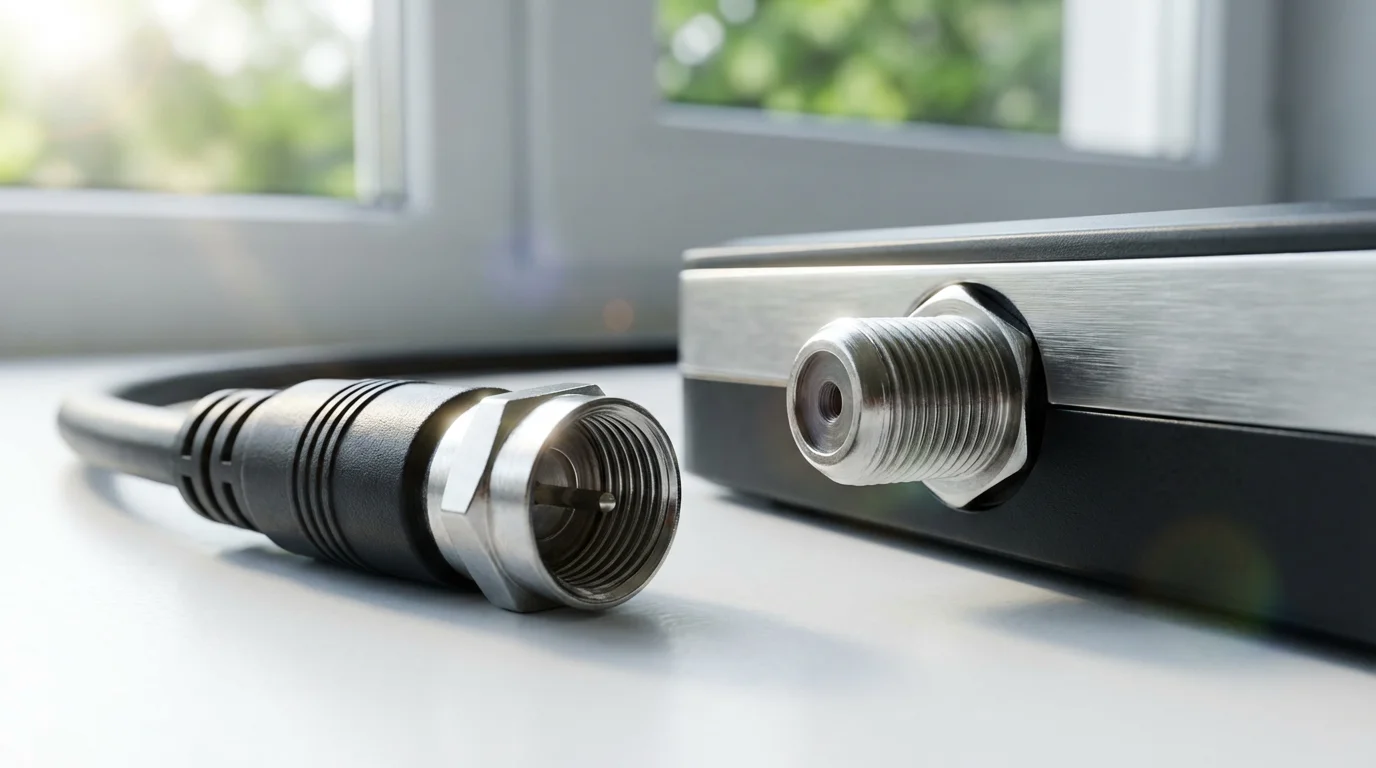 A close-up macro photograph of a coaxial cable connector for a digital HD antenna.