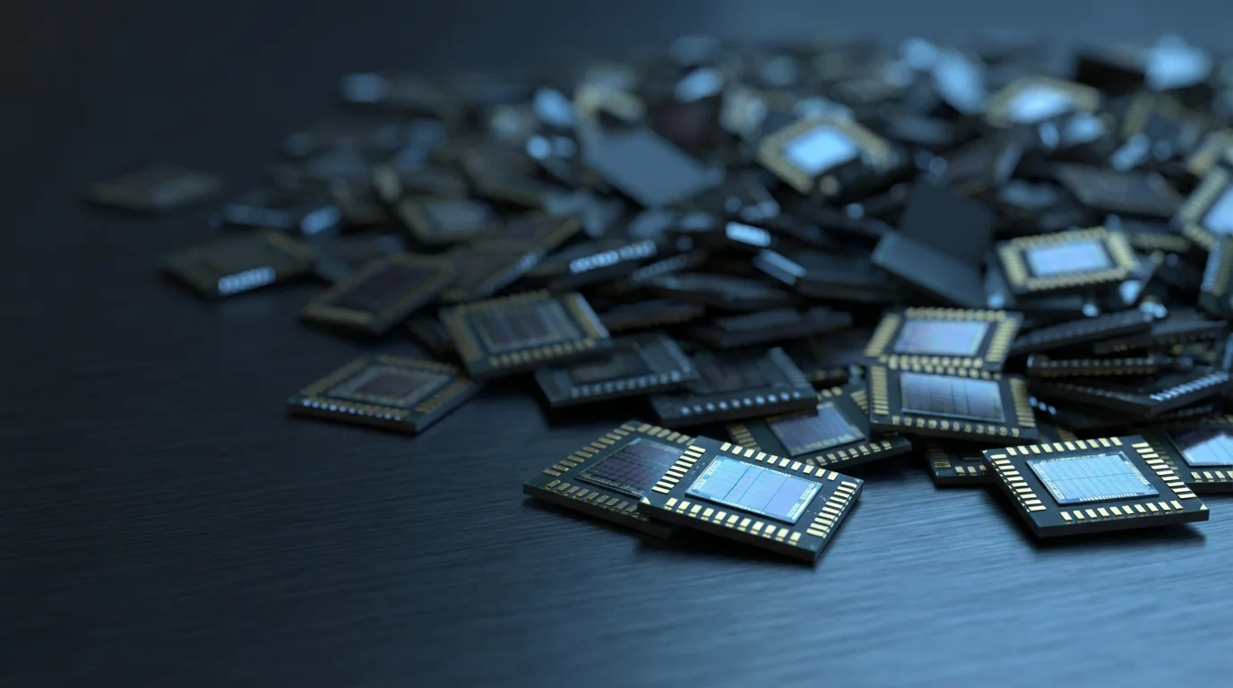 A close-up macro photograph of a vast pile of microchips representing stolen data.