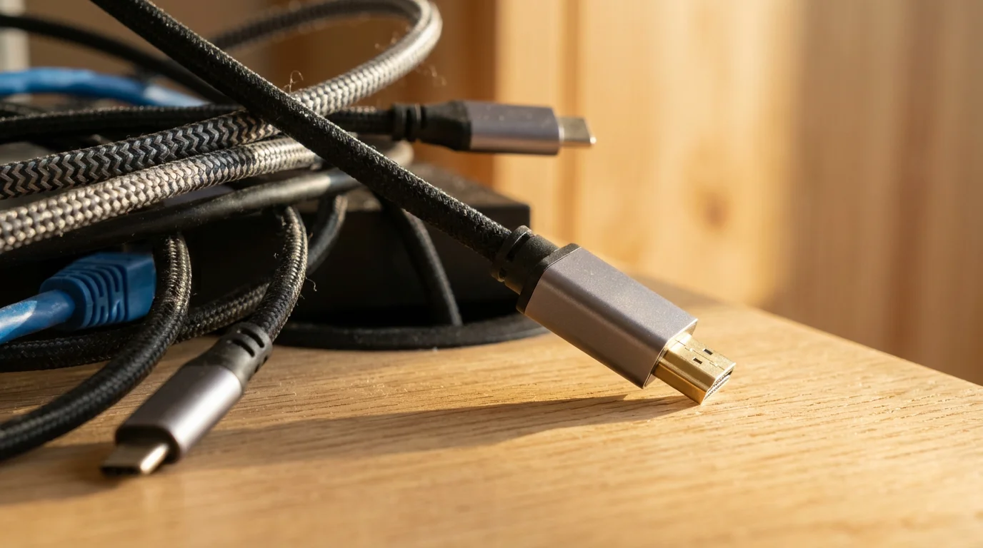 A close-up macro photograph of tangled electronic cables with one connector unplugged at golden hour.