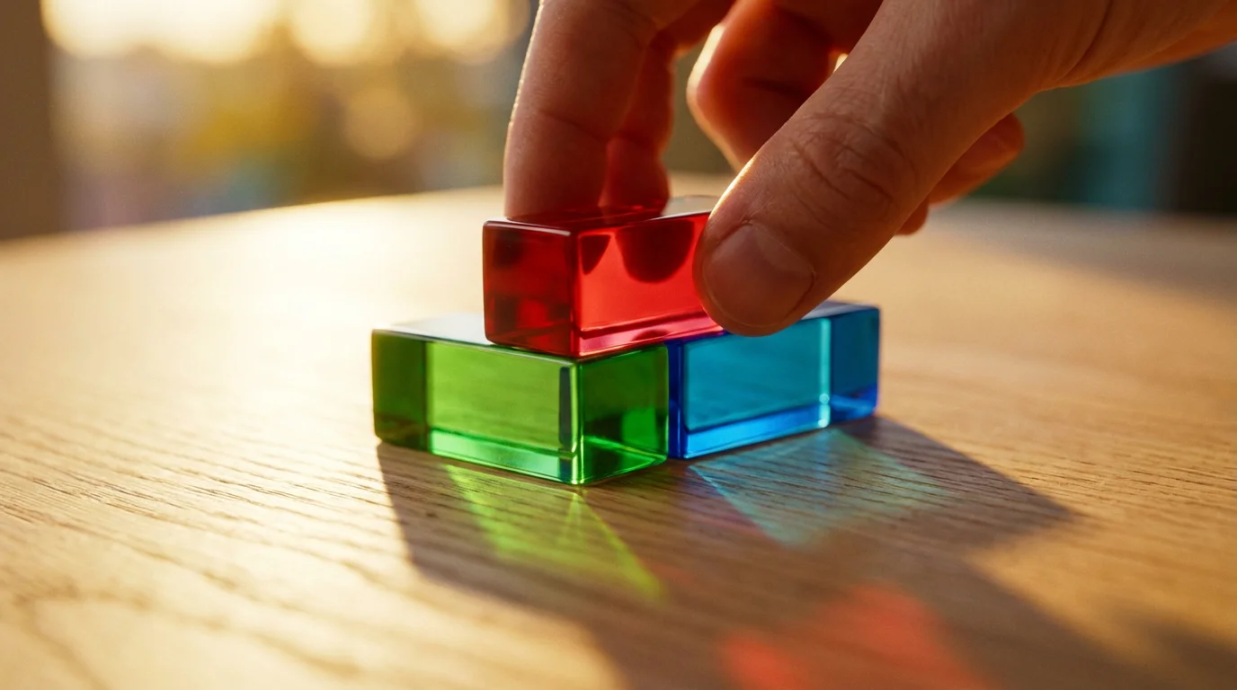 A close-up macro shot of a hand stacking colorful translucent blocks during golden hour.