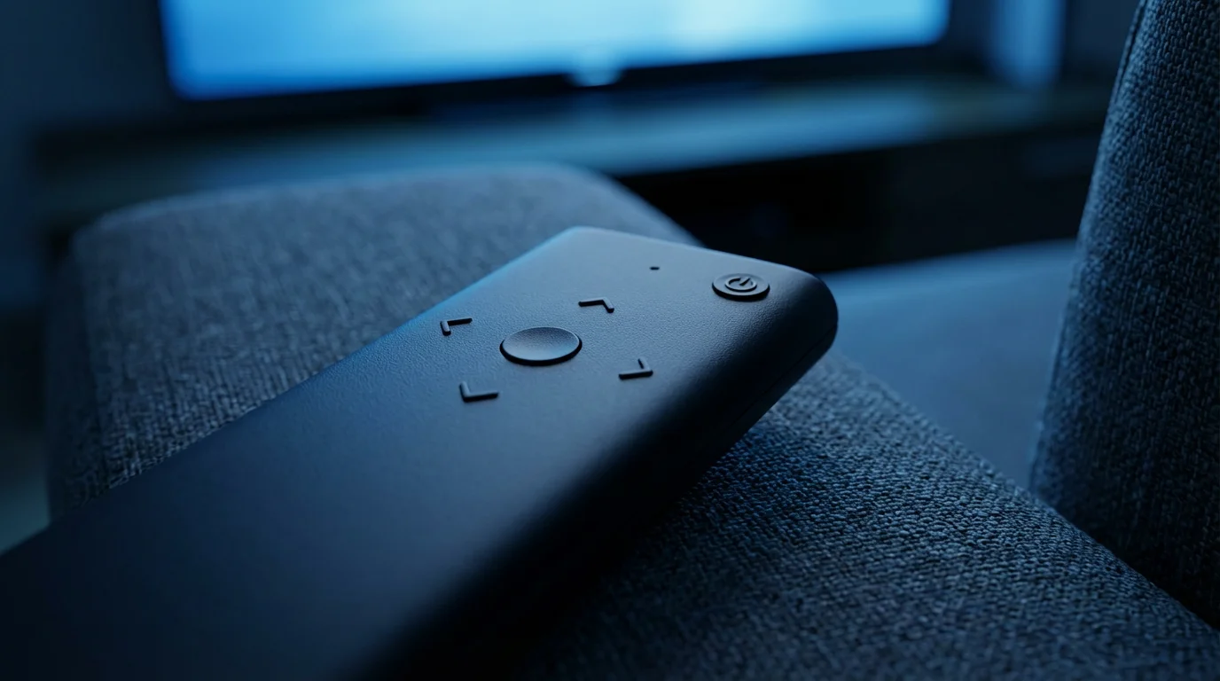 A close-up macro shot of a modern black TV remote on a sofa armrest.