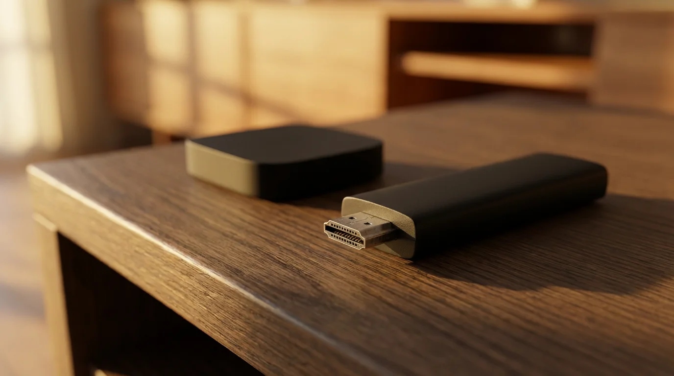 A close-up macro shot of two generic media streaming devices on a wood surface.