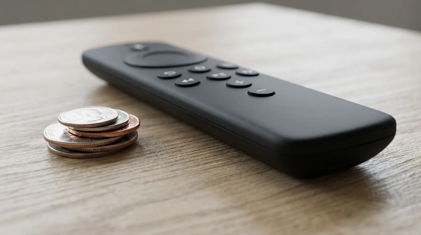 A close-up of a generic TV remote control next to a small stack of coins.