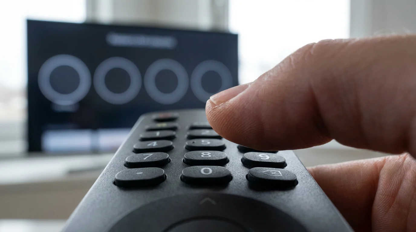 A close-up of a hand using a remote control to enter a security PIN.