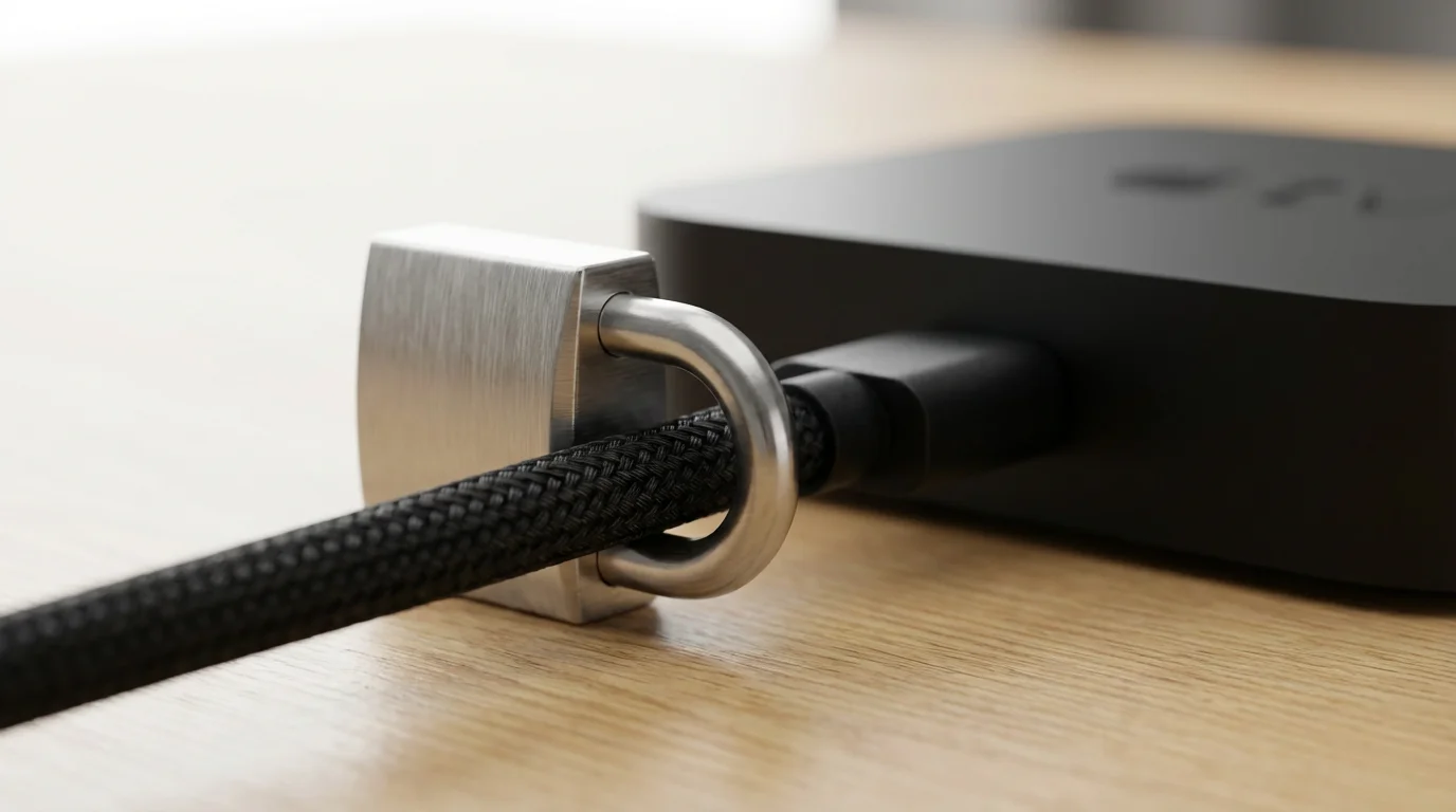 A close-up of a metal padlock locked onto a cable from a media device.
