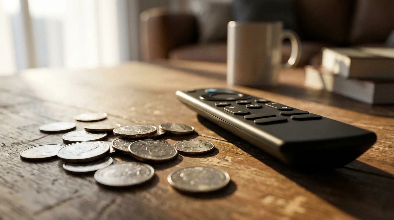 A close-up of a TV remote and coins on a coffee table in morning light.