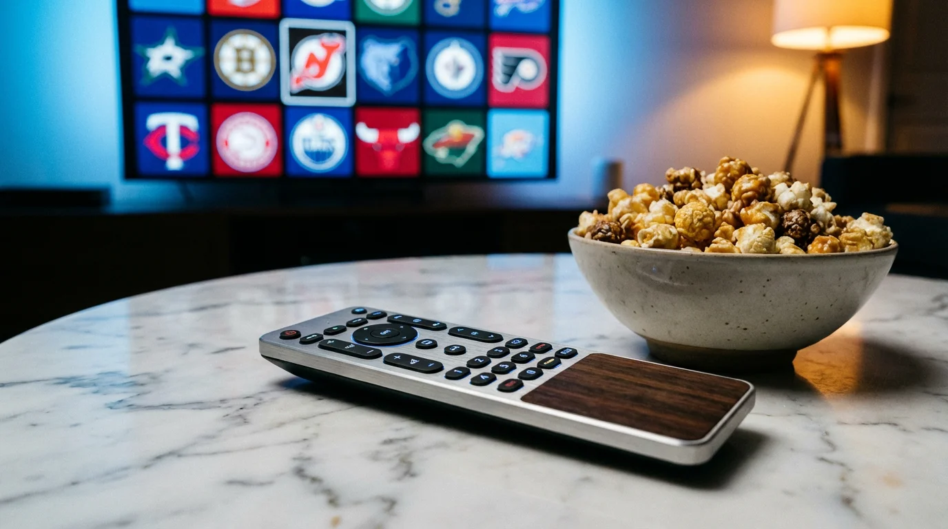 A close-up of a TV remote on a marble table with a blurred sports broadcast in the background.