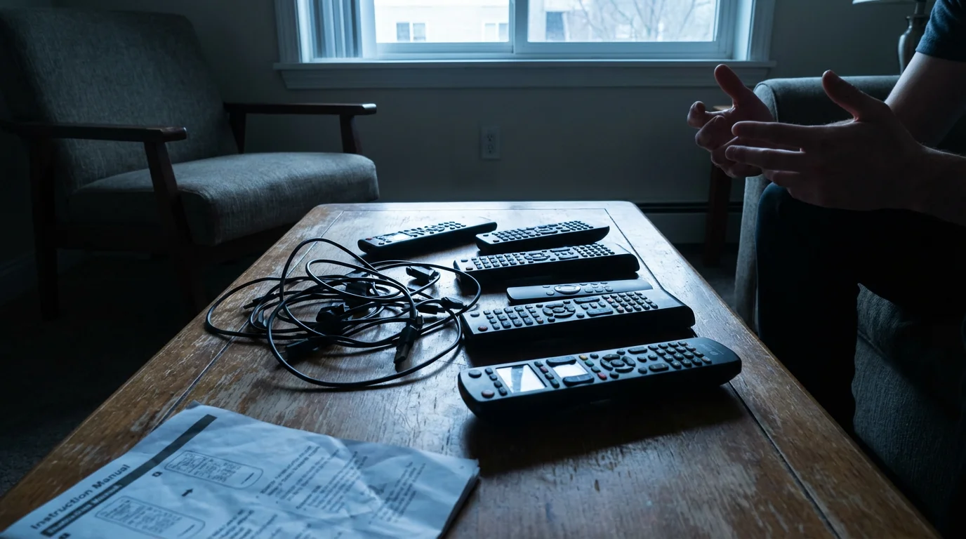 A cluttered table with many different complicated TV remotes and wires.