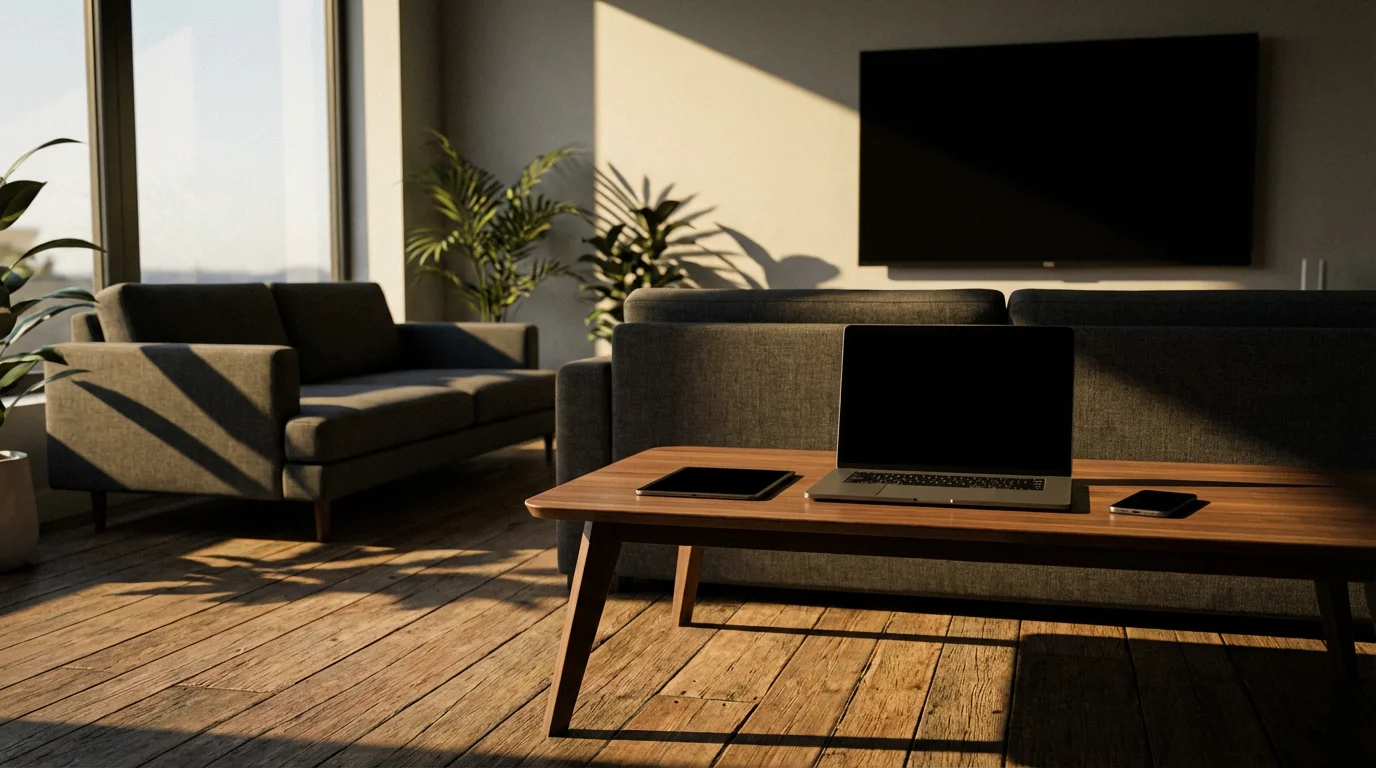 A collection of streaming devices on a coffee table in a sunlit living room.