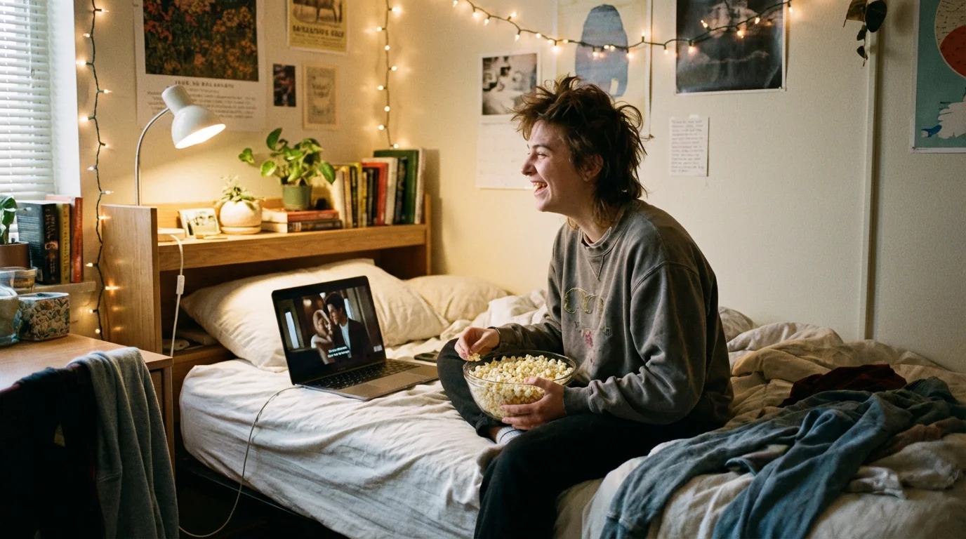 A college student using a laptop on a bed in a cozy dorm room.