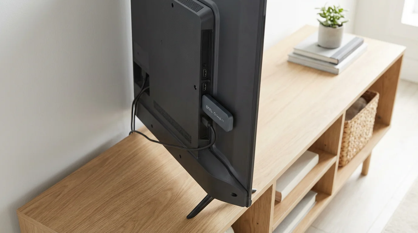 A compact onn. streaming stick plugged into the back of a television.