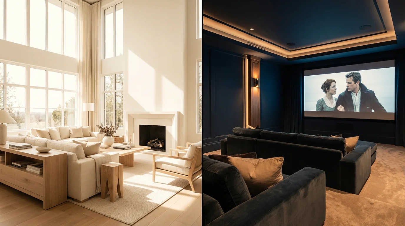 A comparison of two different stylish home viewing environments.