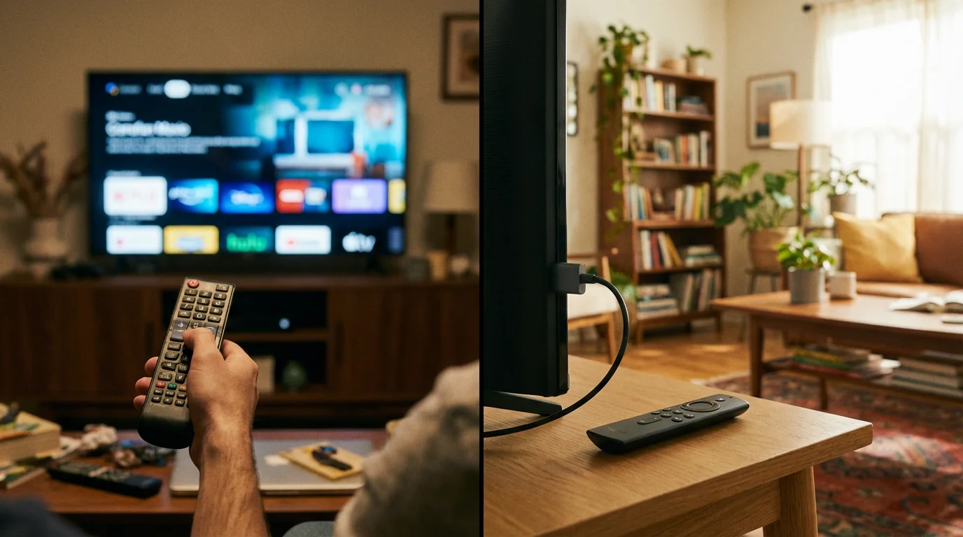 A comparison showing a confusing TV menu versus a simple streaming device.