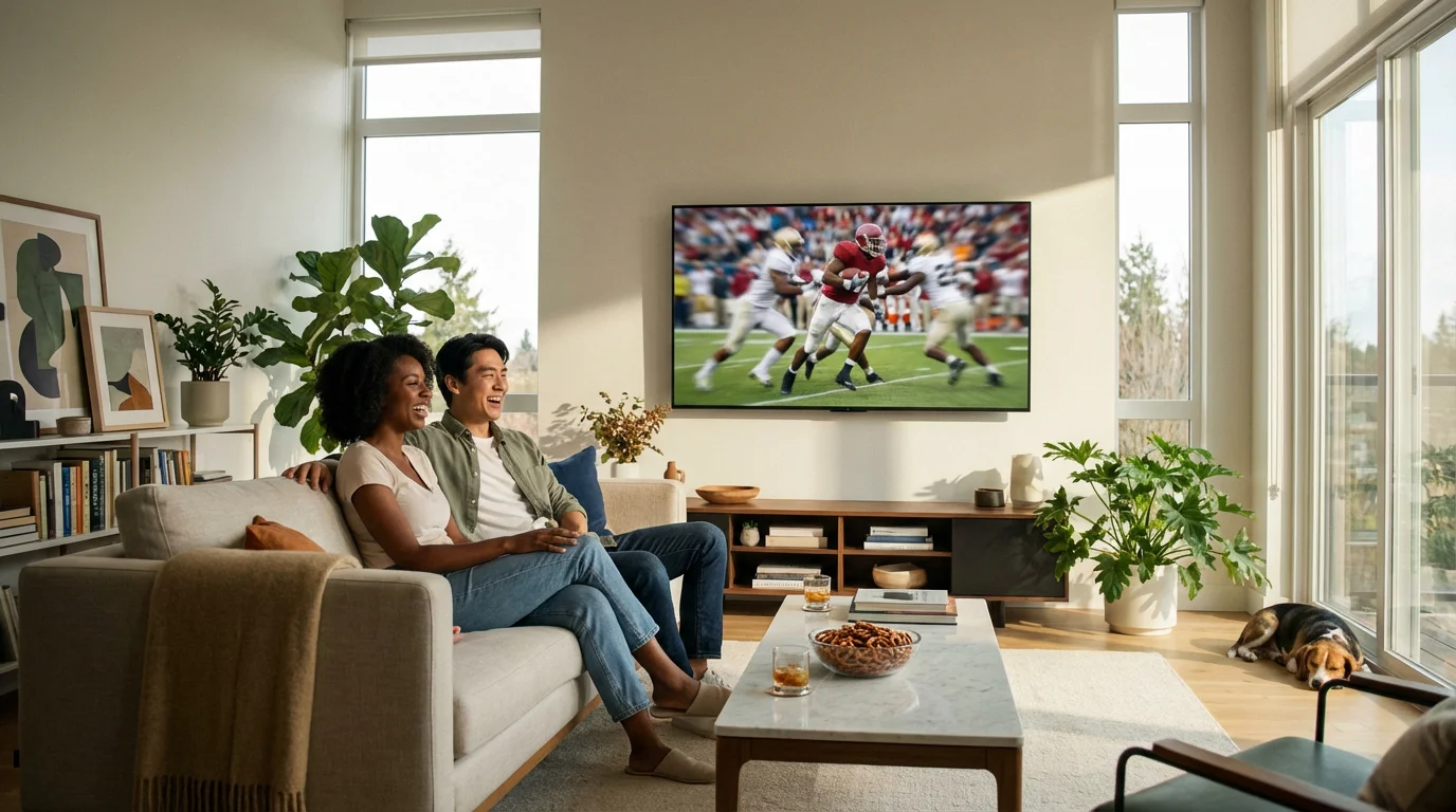 A couple watches a college football game on TV in their modern, sunlit living room.